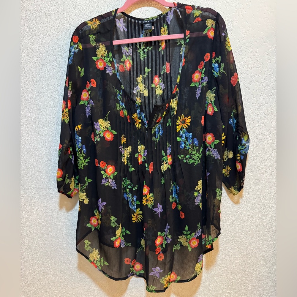 Torrid Black Sheer Blouse with Colorful Floral Print. 2x